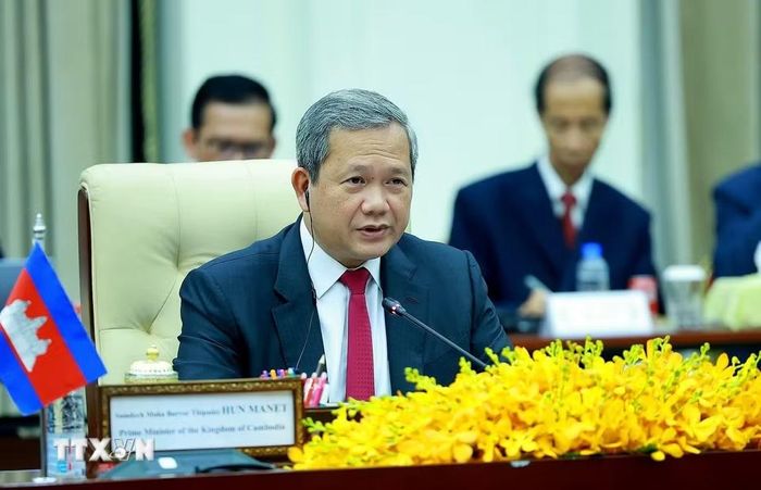 Thủ tướng Campuchia Hun Manet phát biểu tại cuộc hội đàm với Thủ tướng Lê Minh Hưng. (Ảnh: Dương Giang/TTXVN)