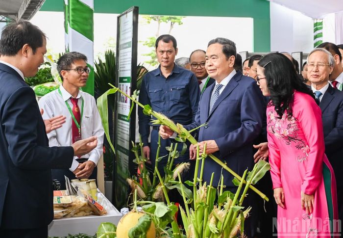 Chủ tịch Quốc hội Trần Thanh Mẫn và các đại biểu tham quan gian trưng bày tại lễ kỷ niệm. (Ảnh: DUY LINH)