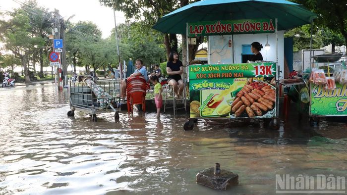Các xe bán hàng được đưa lên khu vực cao để tránh ngập nước.