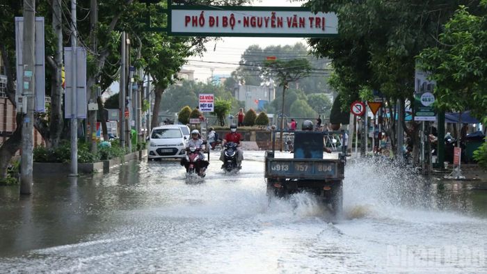 Tuyến phố đi bộ trên đường Hoàng Minh Châu cũng ngập đến trước cổng Liên đoàn Lao động thành phố Đồng Nai.