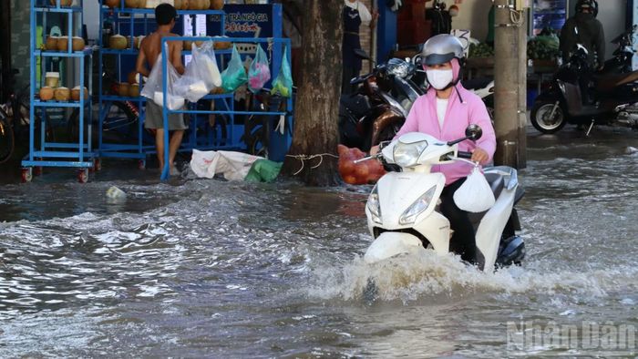 Triều cường dâng cao gây ngập sâu đường Nguyễn Văn Trị.