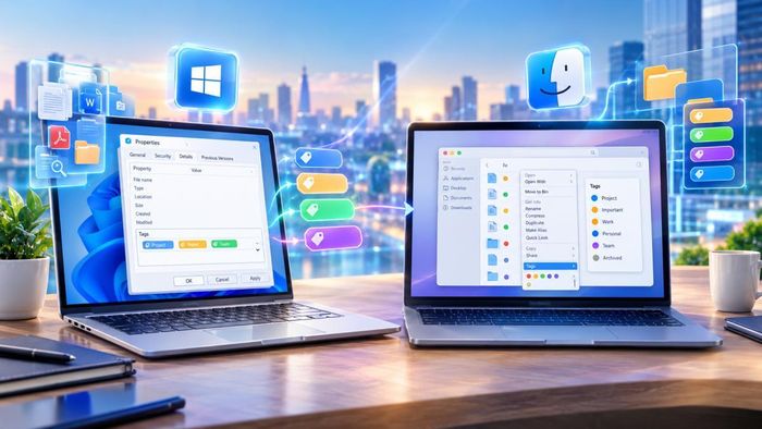Các bước thiết lập thuộc tính thẻ nhãn trên hộp thoại Properties của hệ điều hành Windows và thao tác gắn thẻ màu quản lý văn bản trên Finder của hệ điều hành macOS. Đồ hoạ: Thái Bình
