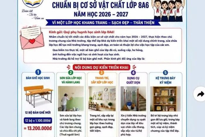 Thư kêu gọi nộp tiền đối ứng mua bàn ghế được đăng tải trong lớp 8A6 trước đó. Ảnh N.N