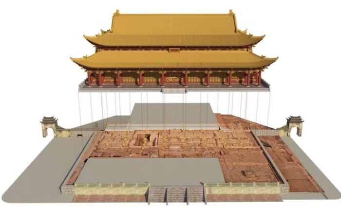 Sơ đồ tương quan giữa dấu tích khảo cổ học và kiến trúc phục dựng Điện Kính Thiên. Ảnh: Trung tâm Bảo tồn Di sản Thăng Long - Hà Nội