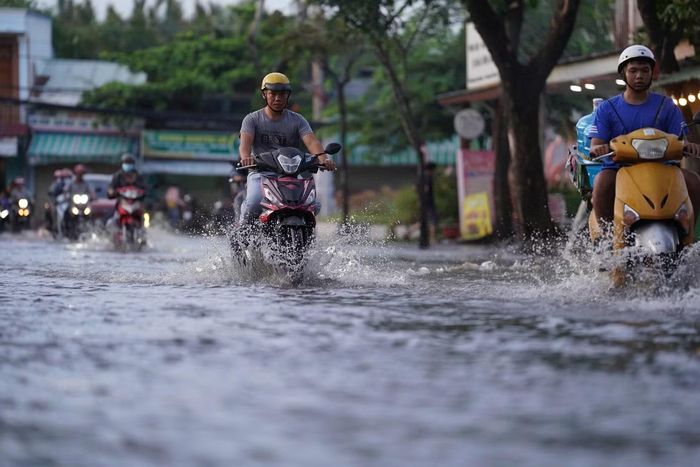 Đường Nguyễn Văn Tạo, xã Hiệp Phước bị ngập do triều cường.