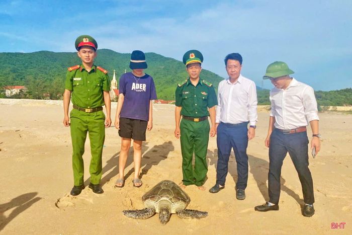 Ngư dân Hoàng Văn Tuyền (phường Hoành Sơn) bàn giao rùa biển quý hiếm nặng hơn 40 kg cho các lực lượng chức năng để thả về biển.