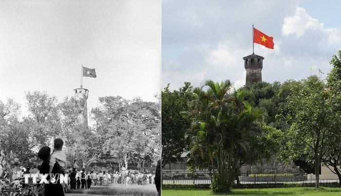 Trong Ngày Giải phóng Thủ đô 10/10/1954, Lễ thượng cờ Tổ quốc trên đỉnh “Cột cờ Hà Nội” đã trở thành giây phút thiêng liêng với người dân Thủ đô. (Ảnh: Tư liệu TTXVN)