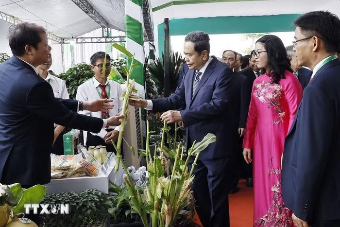 Chủ tịch Quốc hội Trần Thanh Mẫn và đại biểu tham quan trưng bày sản phẩm của Học viện Nông nghiệp Việt Nam. (Ảnh: Doãn Tấn/TTXVN)