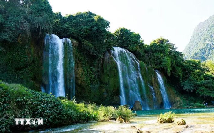 Dòng thác đổ từ trên cao xuống nhìn như một dải lụa mềm trắng xóa. (Ảnh: Chu Hiệu/TTXVN)