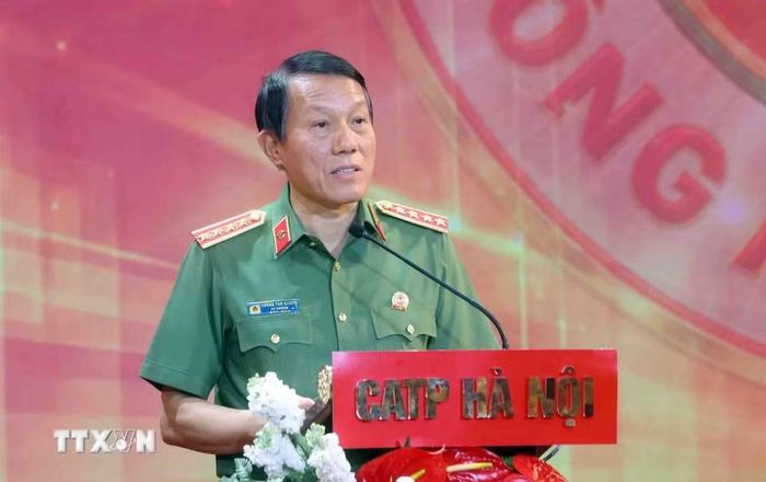 Đại tướng Lương Tam Quang, Ủy viên Bộ Chính trị, Bộ trưởng Bộ Công an, Chủ tịch Hiệp hội thể thao Công an nhân dân phát biểu. (Ảnh: Phạm Kiên/TTXVN)