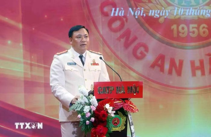 Đại tá Nguyễn Tiến Đạt, Phó Giám đốc Công an thành phố Hà Nội, Chủ tịch Câu lạc bộ bóng đá Công an Hà Nội phát biểu. (Ảnh: Phạm Kiên/TTXVN)