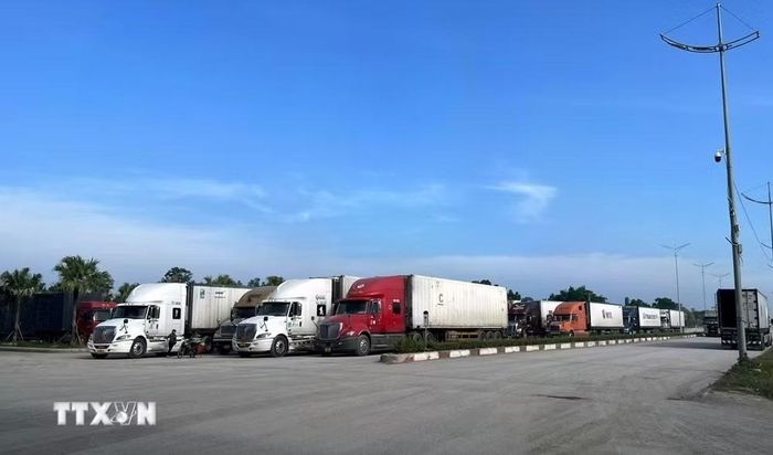 Phương tiện chở hàng hóa thông quan qua cửa khẩu Móng Cái (Việt Nam)- Đông Hưng (Trung Quốc) tại khu vực cầu Bắc Luân II. (Ảnh: Văn Đức/TTXVN)