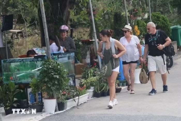 Du khách nước ngoài đến với Làng cổ Đông Hòa Hiệp. (Ảnh: Minh Trí/TTXVN)