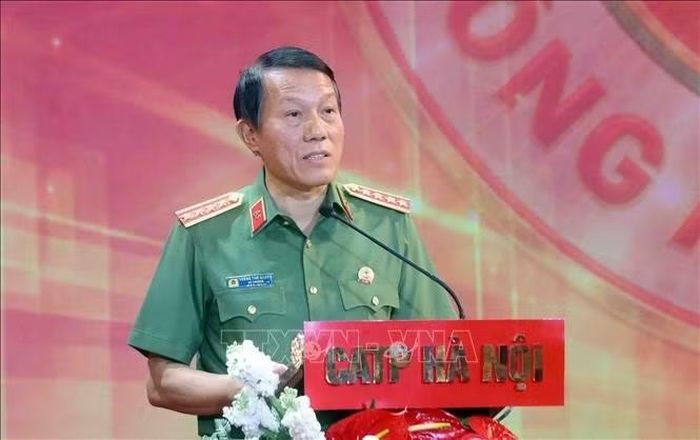 Đại tướng Lương Tam Quang, Ủy viên Bộ Chính trị, Bộ trưởng Bộ Công an, Chủ tịch Hiệp hội thể thao Công an nhân dân phát biểu. Ảnh: Phạm Kiên/TTXVN