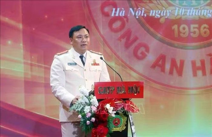 Đại tá Nguyễn Tiến Đạt, Phó Giám đốc Công an thành phố Hà Nội, Chủ tịch Câu lạc bộ bóng đá Công an Hà Nội phát biểu. Ảnh: Phạm Kiên/TTXVN