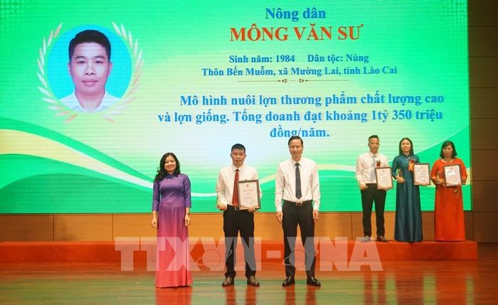 Đại diện Hội Nông dân tỉnh Lào Cai trao chứng nhận và tôn vinh “Nông dân Lào Cai xuất sắc” năm 2026. Ảnh: Tuấn Anh – TTXVN 