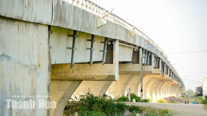 Trong đó, công trình gồm 1 liên dầm hộp 3 nhịp liên tục và 27 nhịp dẫn giản đơn Super T bằng bê tông cốt thép dự ứng lực.