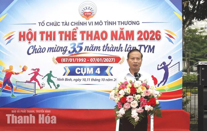 Phó Tổng Giám đốc TYM Phùng Đình Kiện phát biểu tại Hội thi thể thao Cụm 04.