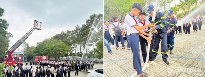 Các em học sinh trải nghiệm thực tế tại buổi tuyên truyền cùng thiết bị, phương tiện PCCC và CNCH.
