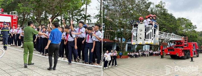 Các em học sinh trải nghiệm thực tế tại buổi tuyên truyền cùng thiết bị, phương tiện PCCC và CNCH.