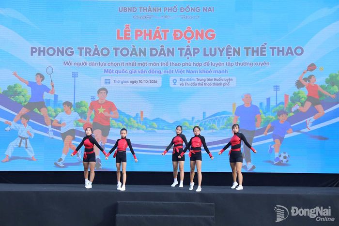 Tiết mục biểu diễn của đội tuyển Aerobic Đồng Nai. Ảnh: Huy Anh