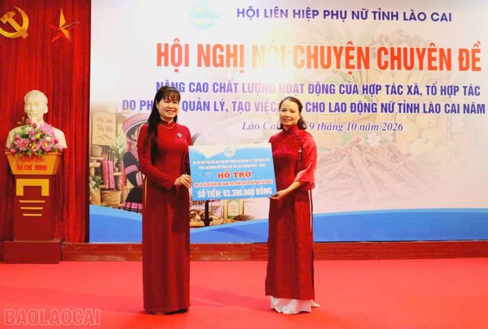 Lãnh đạo Hội Liên hiệp Phụ nữ tỉnh trao kinh phí hỗ trợ cho hợp tác xã mới thành lập.