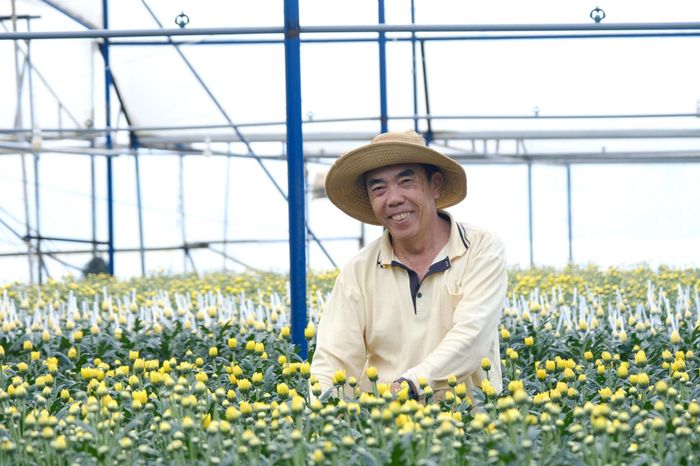 Ông Bùi Hữu Đức - người dân làng hoa Thái Phiên luôn chào đón những vị khách đến tham quan vườn