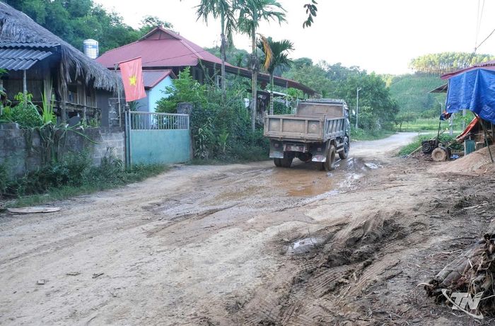 Nhiều vị trí trên tuyến đường liên xã Trung Hội - Hợp Thành đã bong tróc hết lớp mặt đường, tạo thành các hố trũng lớn.