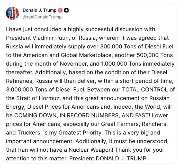 Bài đăng của Tổng thống Mỹ Donald Trump trên mạng xã hội Truth Social
