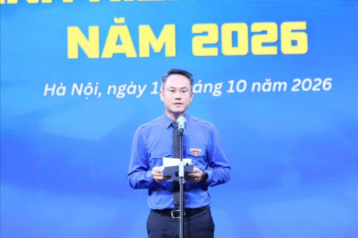 Anh Nguyễn Kim Quy, Bí thư Trung ương Đoàn, Chủ tịch Trung ương Hội LHTN Việt Nam phát biểu. Ảnh: Đăng Hải