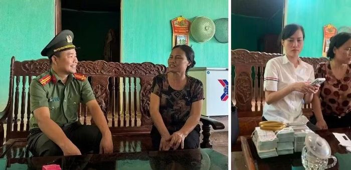 Đồng chí Trung tá Nguyễn Văn Sáu – Phó Trưởng Công an phường Kép trực tiếp vận động hộ gia đình bà Phạm Thị Tuyết, sinh năm 1970, ở tổ dân phố Đồn Cầu Bằng nhận tiền đền bù giải phóng mặt bằng.