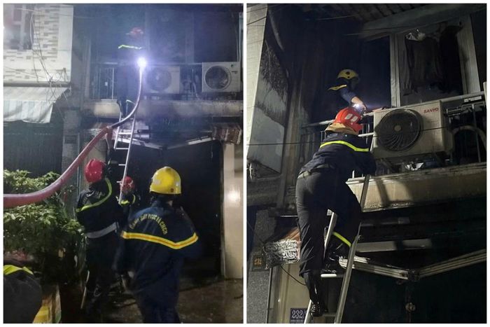 Lực lượng chữa cháy và cứu nạn cứu hộ tiếp cận hiện trường phía trên căn nhà cháy để dập lửa và cứu hộ.