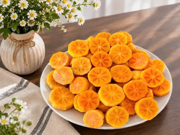 Hồng ngâm được cắt thành từng miếng, phần thịt quả vàng đẹp mắt, giòn ngọt, thanh mát.