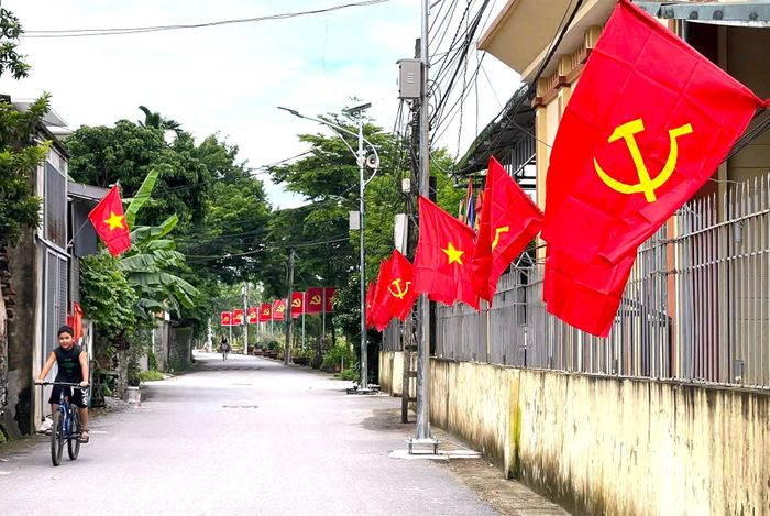 Đường làng, ngõ xóm rực rỡ cờ hoa chào mừng kỷ niệm 72 năm Ngày Giải phóng Thủ đô. Ảnh: Đinh Luyện