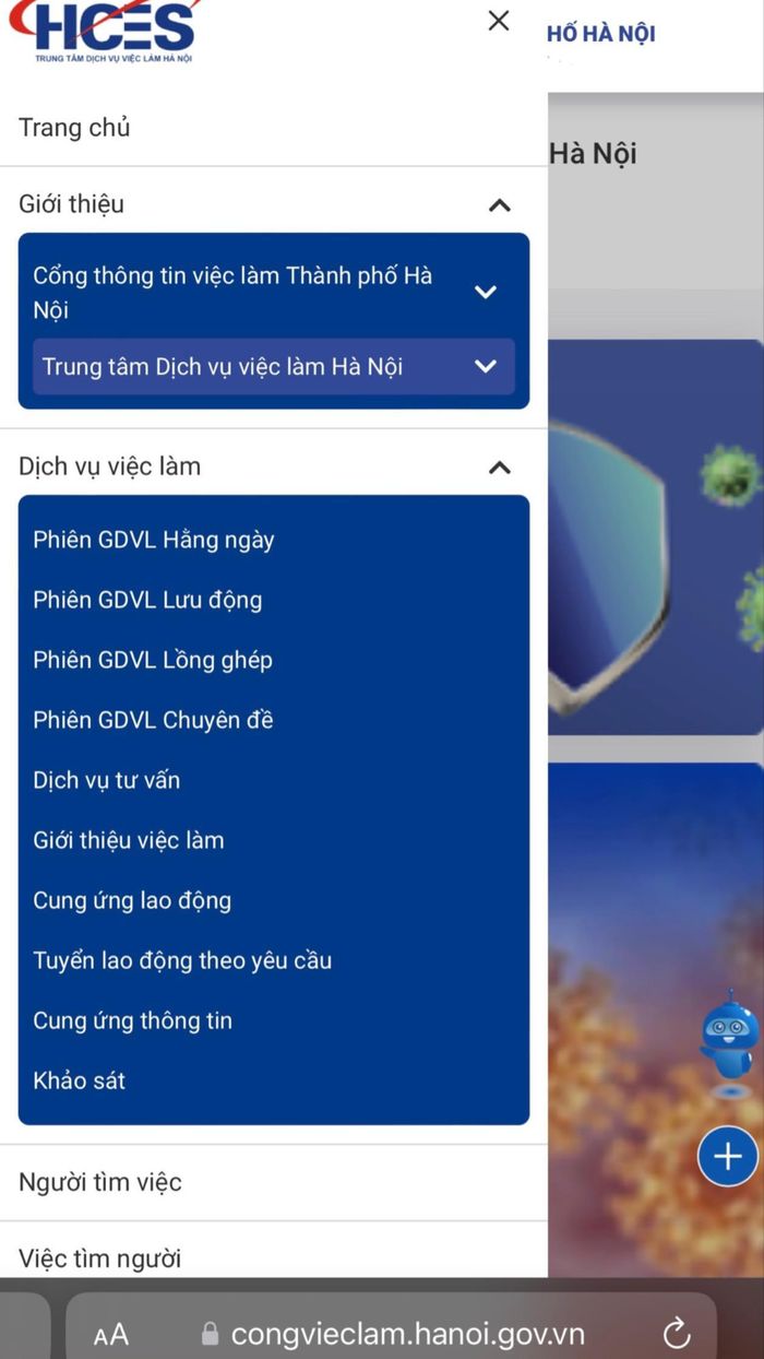 Hệ thống thông tin dịch vụ việc làm đa dạng trên Cổng thông tin việc làm Hà Nội. Ảnh chụp màn hình.