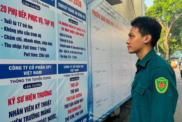 Bạn Trần Hoàng Phúc nghiên cứu thông tin tuyển dụng lao động - việc làm tại Phiên giao dịch việc làm cụm Đống Đa. Ảnh: Mai Hoa