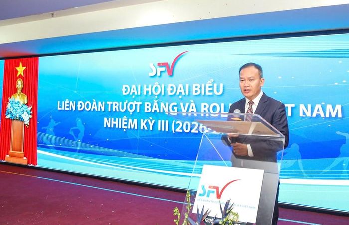 Phó Cục trưởng Cục Thể dục thể thao Việt Nam Nguyễn Hồng Minh phát biểu tại Đại hội. Ảnh Quyết Thắng