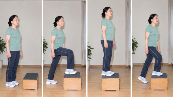 Bài tập bước lên bục hoặc ghế thấp - tăng sức mạnh và thăng bằng. Ảnh minh họa AI.