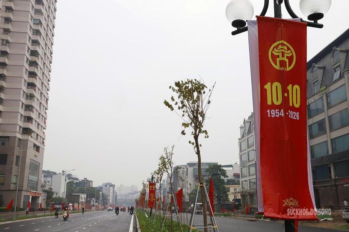 Băng rôn chào mừng 72 năm Ngày Giải phóng Thủ đô. Ảnh: H.P