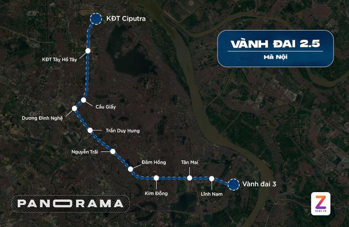  Đường Vành đai 2,5 Hà Nội là tuyến giao thông dài khoảng 20 km, nối từ Phú Thượng (phường Tây Hồ) đến Lĩnh Nam (phường Hoàng Mai), đóng vai trò quan trọng trong việc giảm tải ùn tắc cho Vành đai 2 và 3, kết nối phía Tây và Nam thành phố. Đồ họa: Đinh Hà. 