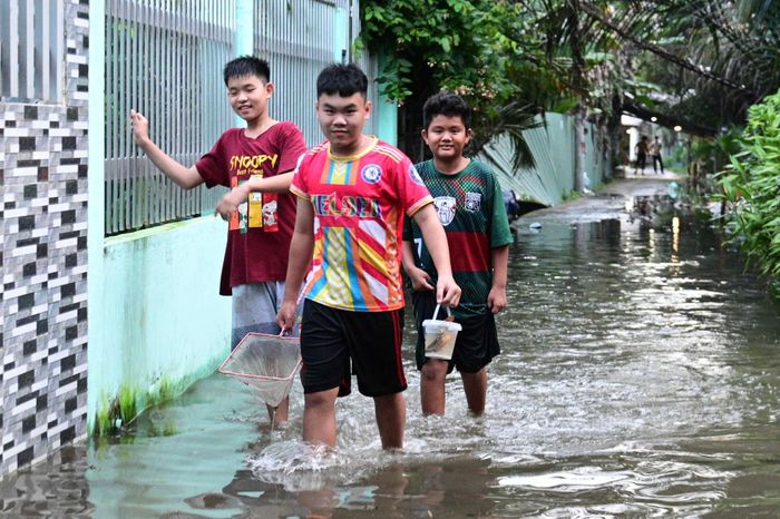 Nhiều trẻ em thích thú vui đùa, bơi lội, bắt cá giữa dòng nước ngập trên đường.
