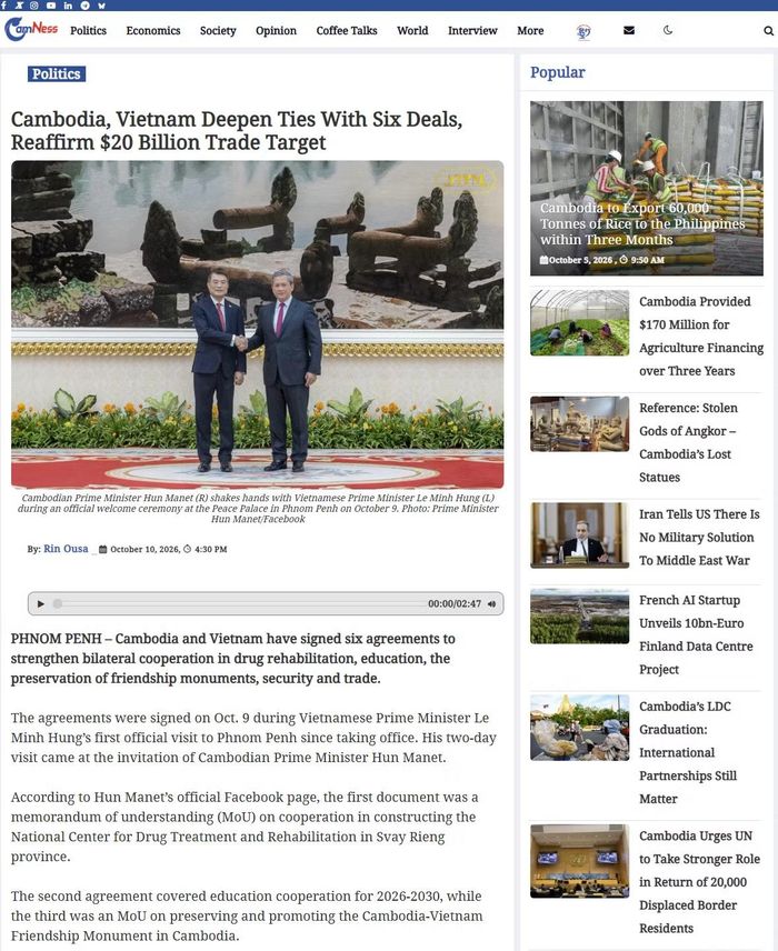 Trang Cambodianess đăng tải bài viết “Campuchia và Việt Nam tăng cường quan hệ với 6 thỏa thuận, tái khẳng định mục tiêu thương mại 20 tỷ USD”. (Ảnh chụp màn hình)