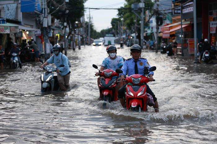  Triều cường gây ngập trên đường Phạm Hữu Lầu (phường Tân Mỹ). Ảnh: KIÊN CƯỜNG 