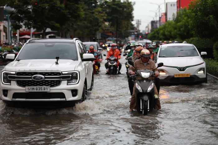  Triều cường dâng cao gây ngập đường Nguyễn Thị Thập (phường Tân Mỹ - Tân Hưng). Ảnh: KIÊN CƯỜNG 