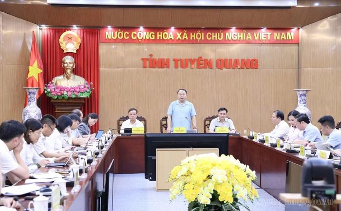 Chủ tịch UBND tỉnh Tuyên Quang Phan Huy Ngọc phát biểu chỉ đạo tại cuộc họp. Ảnh: tuyenquang.gov.vn