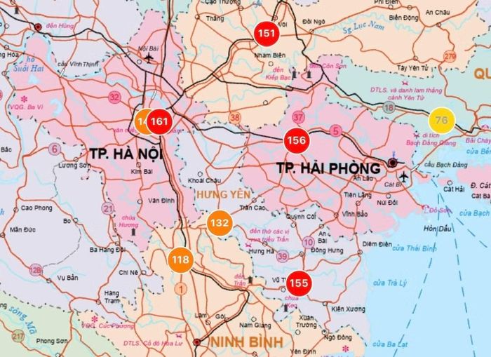 Chỉ số ô nhiễm không khí lúc 6h sáng nay ở miền Bắc.