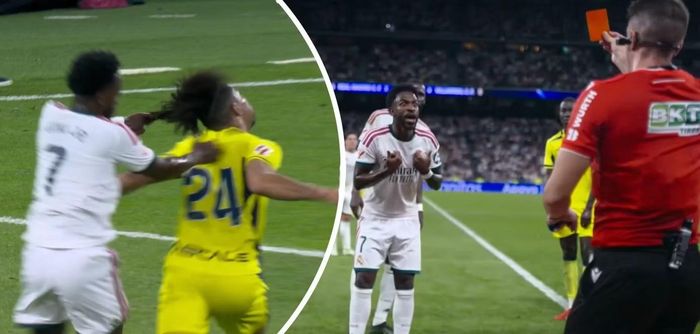 Vinicius vừa bị từ chối bàn thắng, vừa phải nhận thẻ đỏ sau pha giật tóc hậu vệ Villarreal.
