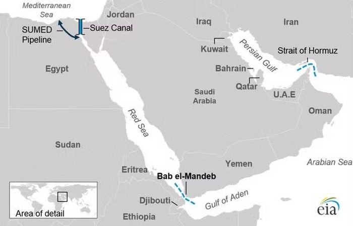 Eo biển Bab el-Mandeb nằm song song với eo biển Hormuz. (Ảnh: Eia)