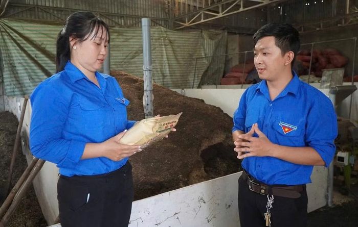 Chị Huỳnh Anh thăm mô hình thanh niên khởi nghiệp trên địa bàn xã.