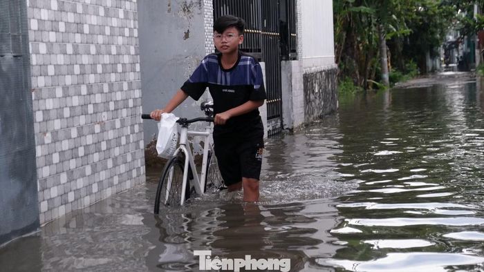 Khu dân cư ven đường Rạch Cùng ngập sâu khi nước triều dâng cao.